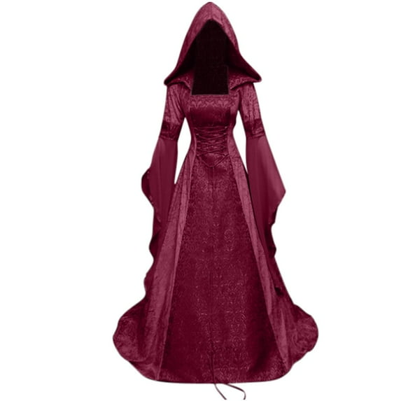 Womens Hawaiian Dresses Medieval Witch Dress for Womens Plus Size Halloween Costume Hooded Renaissance Court Gown Gothic Floor Length Dress Vestidos Casual Es para Mujer
