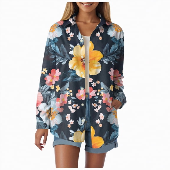 Womens Hawaiian Long Sleeve Button Down Shirt Tropical Floral Print Beach Vacation Top Women Casual Long Sleeved Lapel Button Shirts