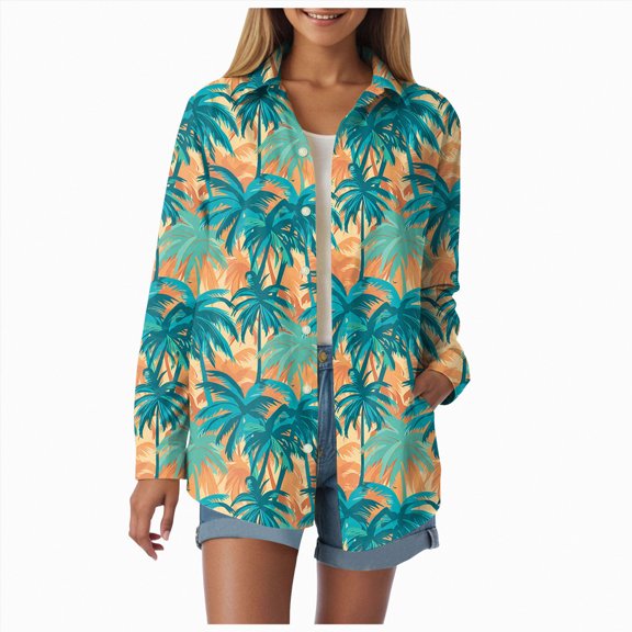 Womens Hawaiian Long Sleeve Button Down Shirt Tropical Floral Print Beach Vacation Top Women Casual Long Sleeved Lapel Button Shirts