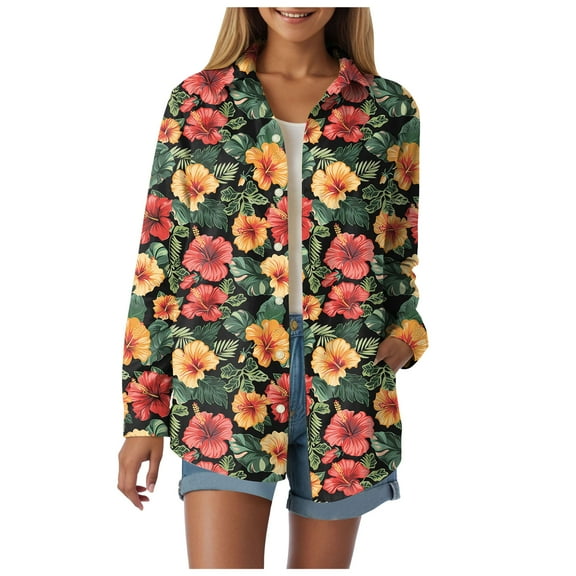 Womens Hawaiian Long Sleeve Button Down Shirt Tropical Floral Print Beach Vacation Top