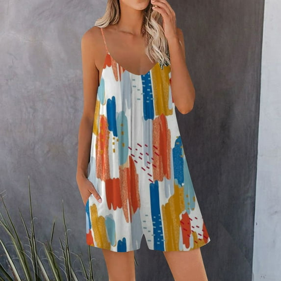 Womens Hawaiian Print Jumpsuit Women Romper Summer Casual Tank Short Jumpsuit Spaghetti Straps Sleeveless Loose Floral Rompers with Pocket