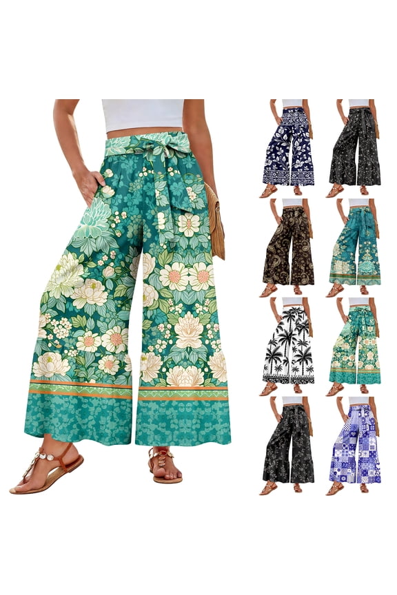 Womens Hawaiian Print Palazzo Lounge Pants Elastic High Waist Ties Ruffle Hem Wide Leg Vacation Pants Navy M