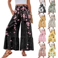 thumbnail image 1 of Womens Hawaiian Print Palazzo Pants Elastic High Waisted Ties Ruffle Hem Wide Leg Beach Pants with Pockets Orange XL, 1 of 5