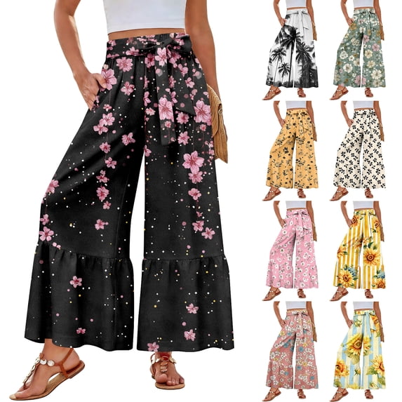 Womens Hawaiian Print Palazzo Pants Elastic High Waisted Ties Ruffle Hem Wide Leg Beach Pants with Pockets Orange XL