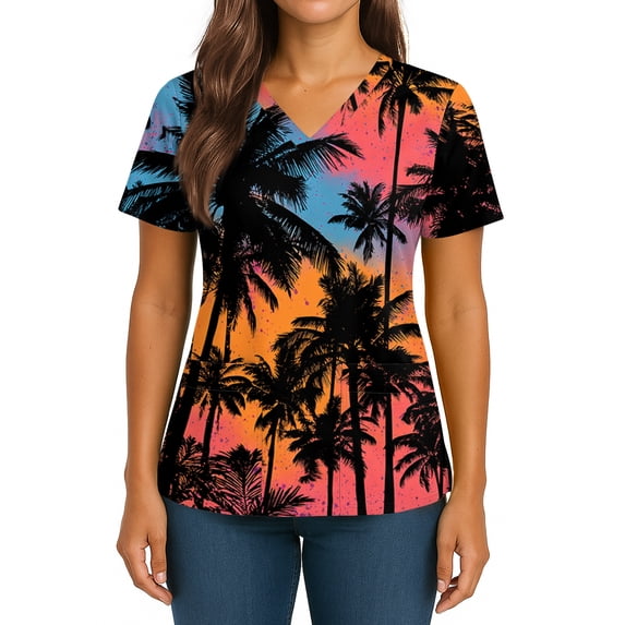 Womens Hawaiian Scrubs Stretchy V-Neck Short Sleeve Scrub Tops Breathable Nurse Uniform with Pockets