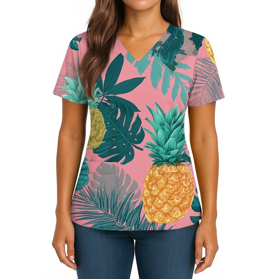 Womens Hawaiian Scrubs Stretchy V-Neck Short Sleeve Scrub Tops Breathable Nurse Uniform with Pockets