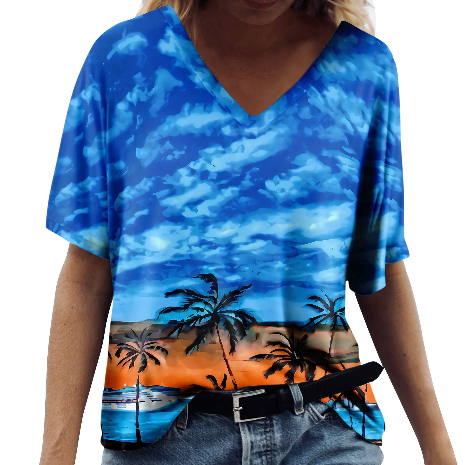 Hawaiian Shirt For Women - Palm Tree Beach Graphic Tee, Short Sleeve Vacation Top