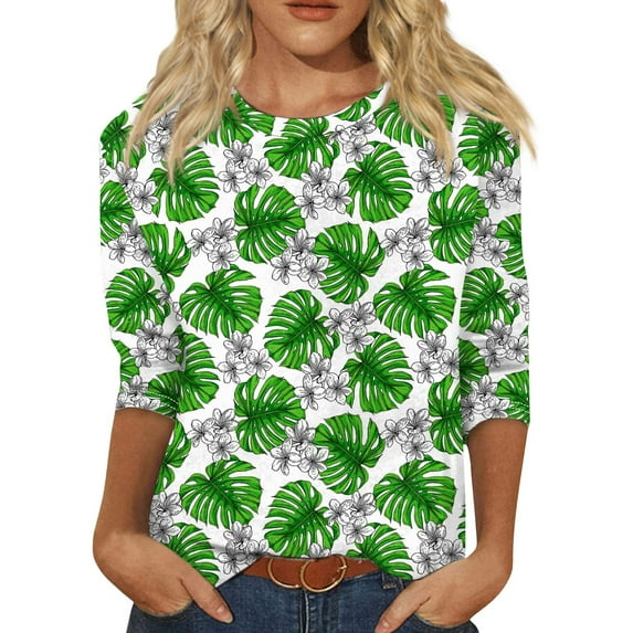 Womens Hawaiian Shirts 3/4 Sleeves Fashion Floral Tropical Graphic T-Shirt Mid-length Women's Three Quarter Sleeve Blouse Round Neck Casual Beach Tops