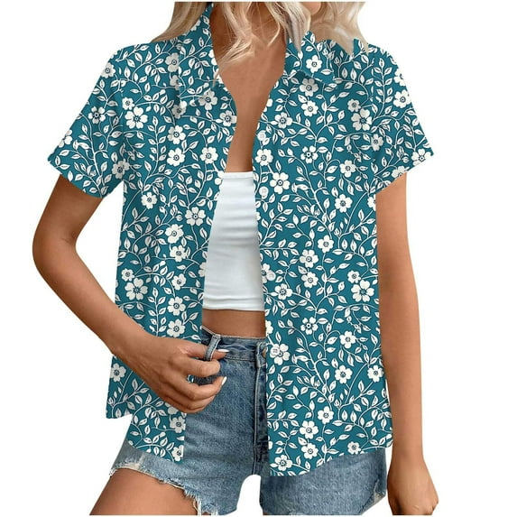 Womens Hawaiian Shirts Basic Collared Tee Shirt Coconut Palm Hawaii Style Blouses Tops Button Down Short Sleeve Blouses Summer Beach T Shirt Tropical Shirts Loose Flowy Cardigans
