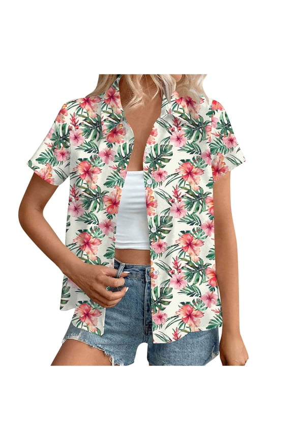 Womens Hawaiian Shirts Basic Collared Tee Shirt Coconut Palm Hawaii Style Blouses Tops Button Down Short Sleeve Blouses Summer Beach T Shirt Tropical Shirts Loose Flowy Cardigans