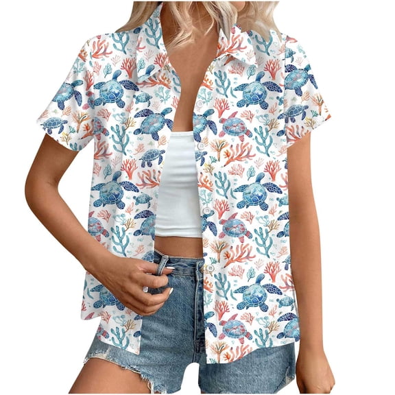Womens Hawaiian Shirts Basic Collared Tee Shirt Coconut Palm Hawaii Style Blouses Tops Button Down Short Sleeve Blouses Summer Beach T Shirt Tropical Shirts Loose Flowy Cardigans
