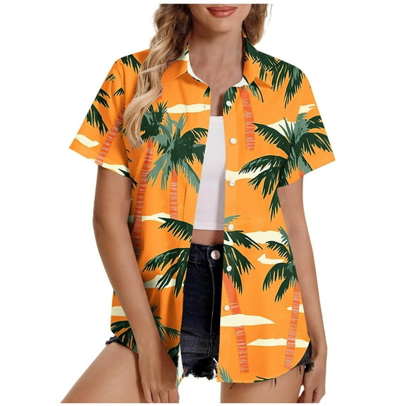 Womens Hawaiian Shirts Basic Collared Tee Shirt Coconut Palm Hawaii Style Blouses Tops Button Down Short Sleeve Blouses Summer Beach T Shirt Tropical Shirts Loose Flowy Cardigans