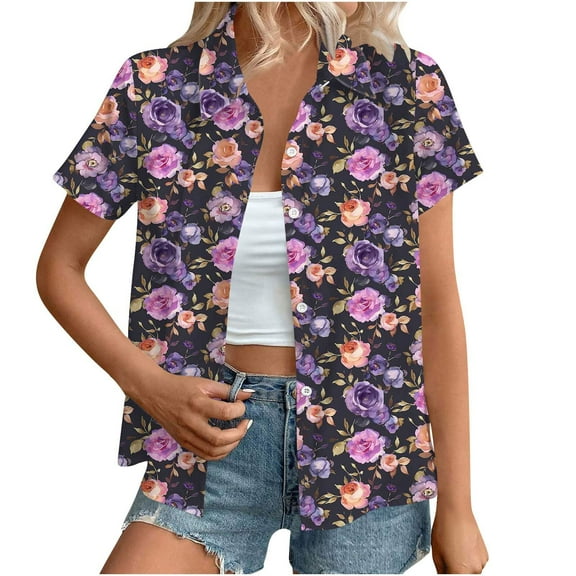 Womens Hawaiian Shirts Basic Collared Tee Shirt Coconut Palm Hawaii Style Blouses Tops Button Down Short Sleeve Blouses Summer Beach T Shirt Tropical Shirts Loose Flowy Cardigans