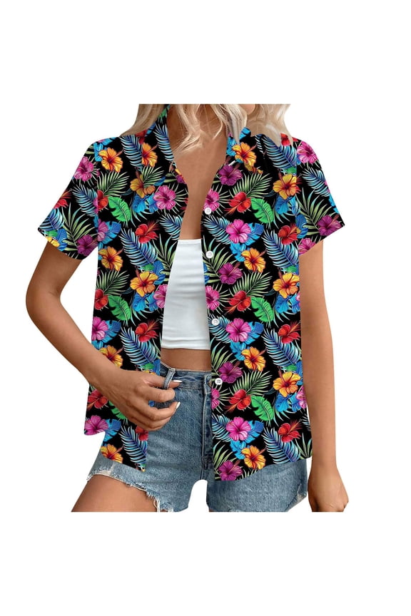 Womens Hawaiian Shirts Basic Collared Tee Shirt Coconut Palm Hawaii Style Blouses Tops Button Down Short Sleeve Blouses Summer Beach T Shirt Tropical Shirts Loose Flowy Cardigans