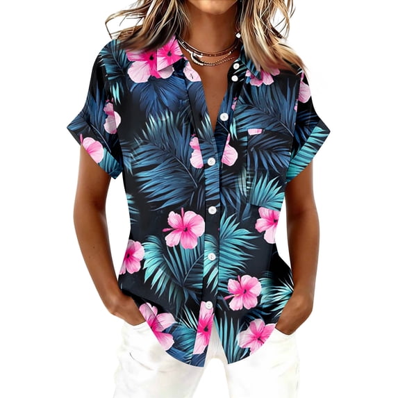 Womens Hawaiian Shirts Dressy Floral Printed Short Sleeve Button Down Blouse Summer Tropical Beach Tops