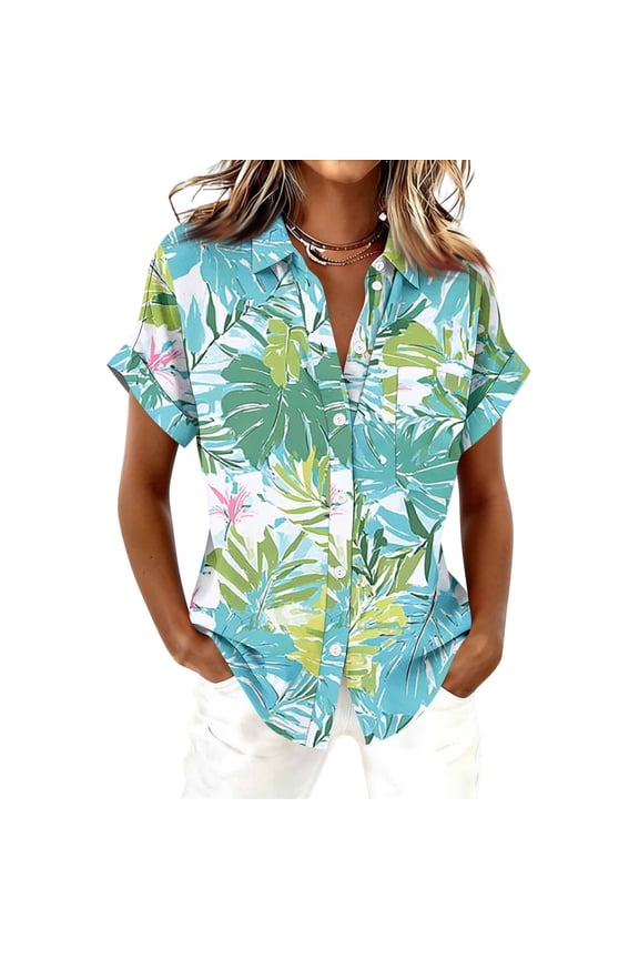 Womens Hawaiian Shirts Dressy Floral Printed Short Sleeve Button Down Blouse Summer Tropical Beach Tops