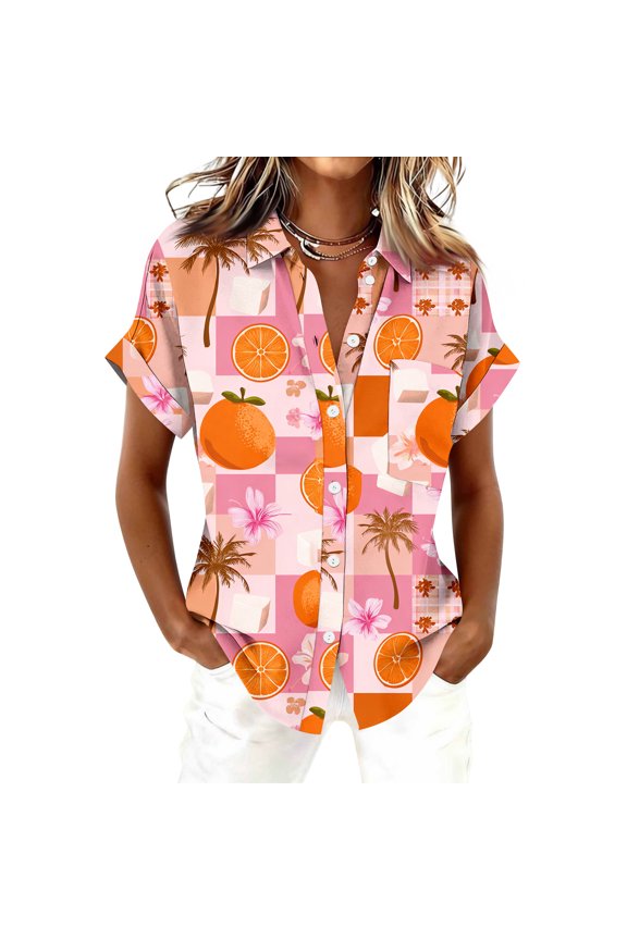 Womens Hawaiian Shirts Sailboat Print Short Sleeve Button Down Summer Shirt Floral Boho Business Blouses Vacation Outfits
