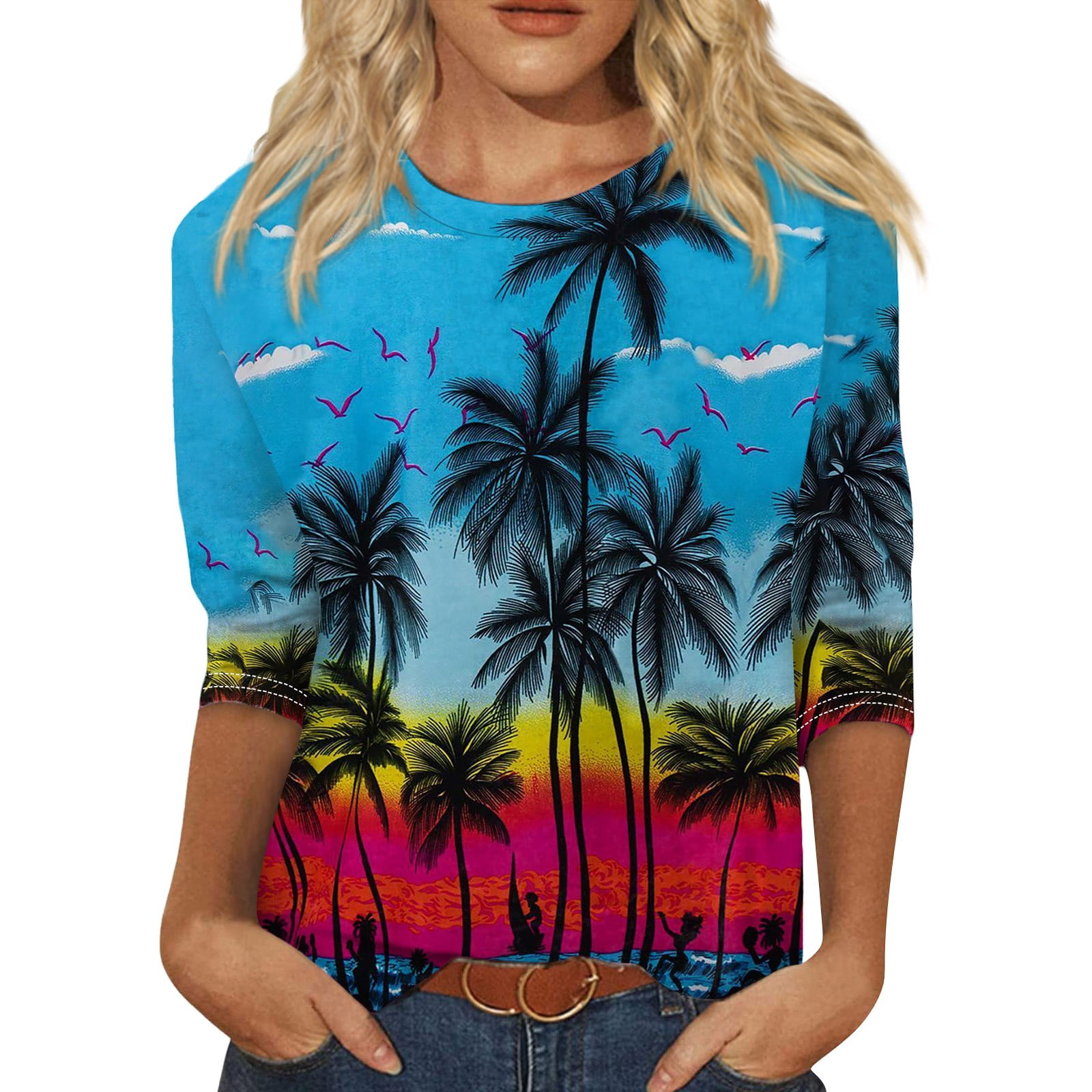 3/4 Sleeve Top A'nue Miami Women's Boxy ?? Sleeve Crew Neck Shirt - Relaxed Fit Casual Top Loose Fit Top