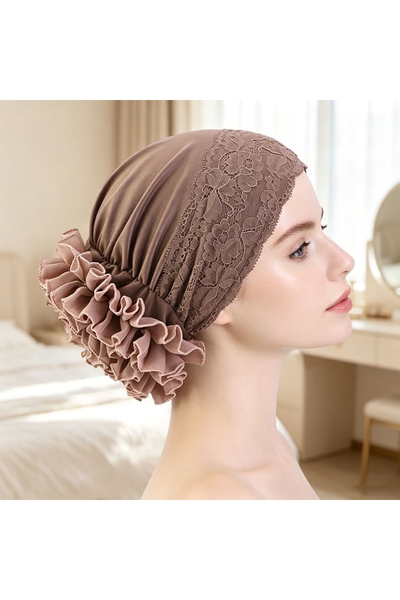 Womens Headbands Lace Trim Adjustable Elastic Stretch One Size Soft Polyester Sleeping Head Cover For Indoor Night Use Coffee