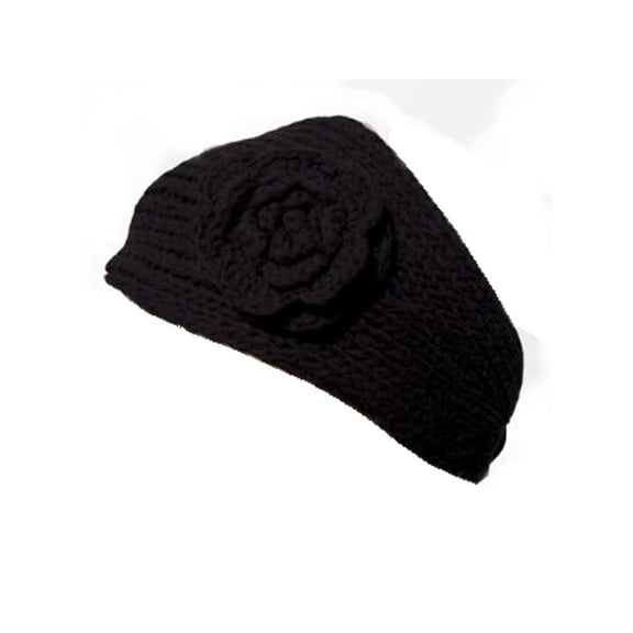 Womens Headwrap Flower Headband w/Button, Black