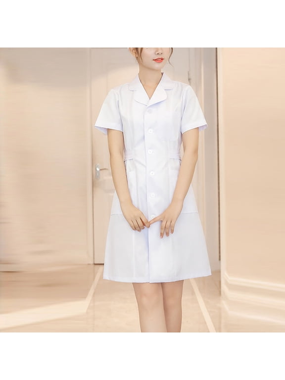 Womens Healthcare Uniform Dress Short Sleeve Notch Collar Button Down Work Dress with Practical Pockets