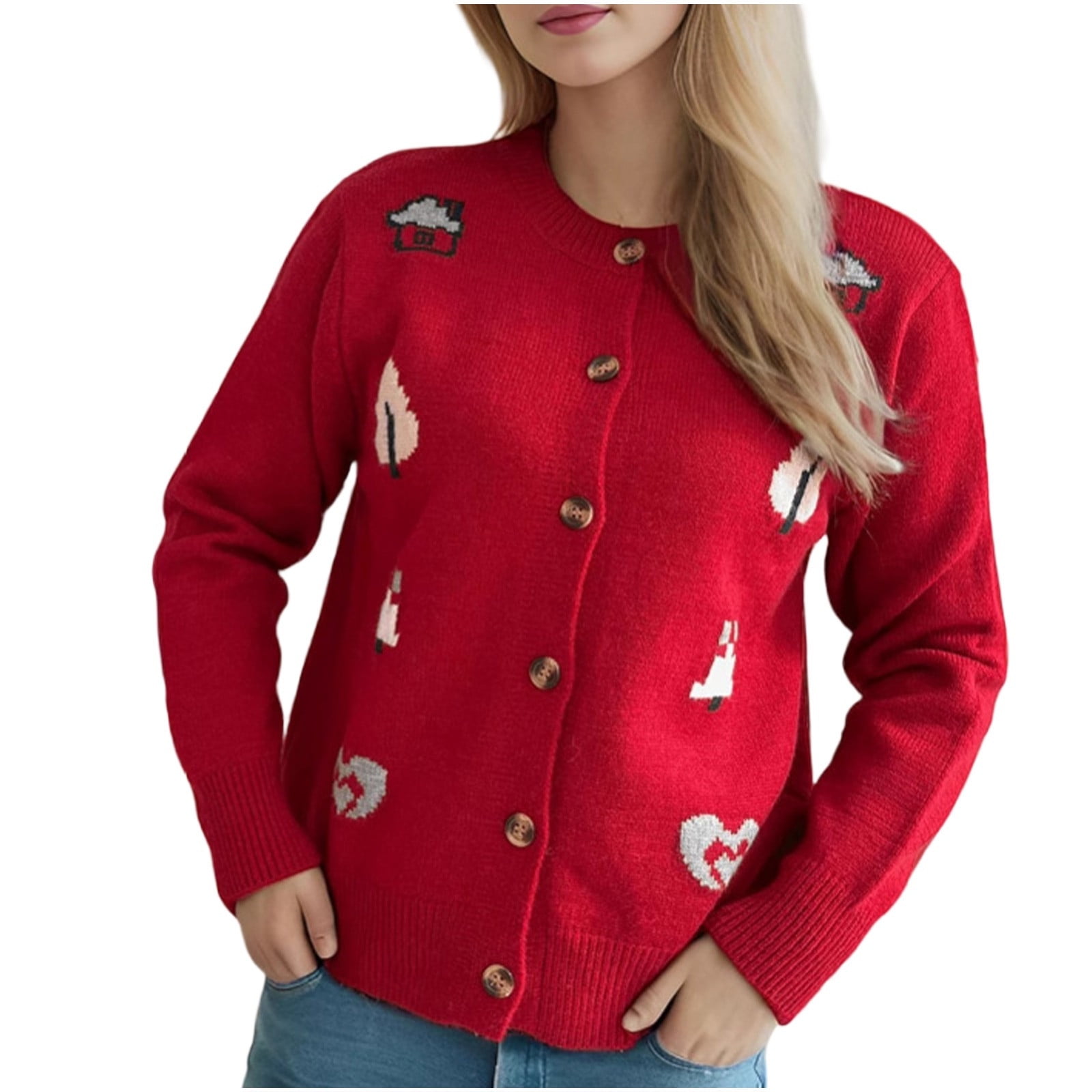 Women's Heart Print Drop Shoulder Crop Cardigan - Button Front Knitted Sweater, Long Sleeve - View #13