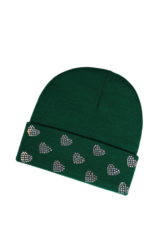 Womens Heart Cuffed Beanies Rhinestone Slouchy Knit Beanie Hat Winter Cute Skull Cap for Men Adult Teen Army Green