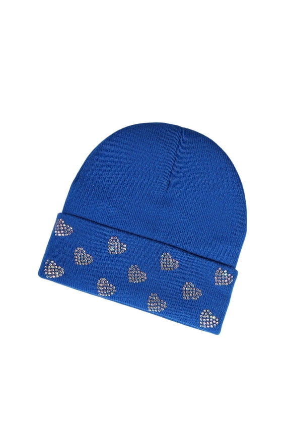 Womens Heart Cuffed Beanies Rhinestone Slouchy Knit Beanie Hat Winter Cute Skull Cap for Men Adult Teen Blue