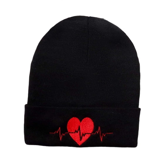 Womens Heart Cuffed Beanies Slouchy Knit Beanie Hat Winter Cute Skull Cap for Men Adult Teen Black