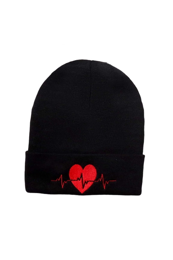 Womens Heart Cuffed Beanies Slouchy Knit Beanie Hat Winter Cute Skull Cap for Men Adult Teen Black