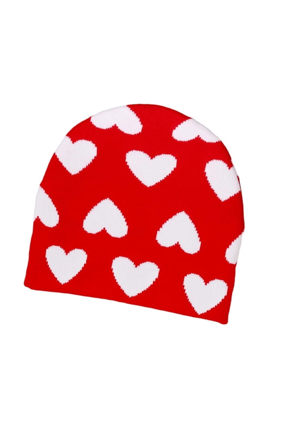 Womens Heart Cuffed Beanies Slouchy Knit Beanie Hat Winter Cute Skull Cap for Men Adult Teen Red
