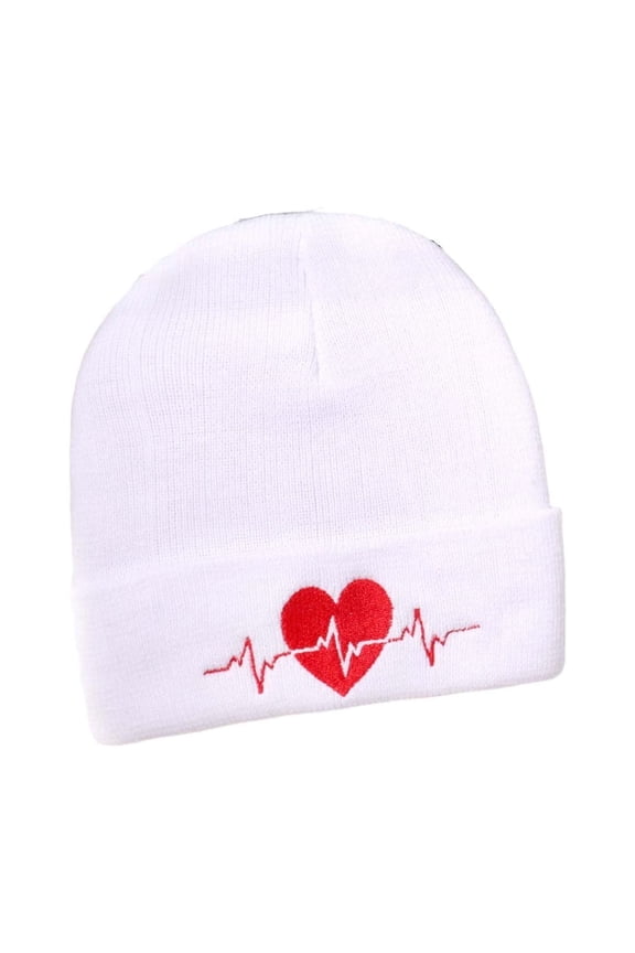 Womens Heart Cuffed Beanies Slouchy Knit Beanie Hat Winter Cute Skull Cap for Men Adult Teen White