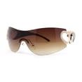 thumbnail image 1 of Womens Heart Jewel Wrap Around Curved Shield Monoblock Rimless Sunglasses All Brown, 1 of 4