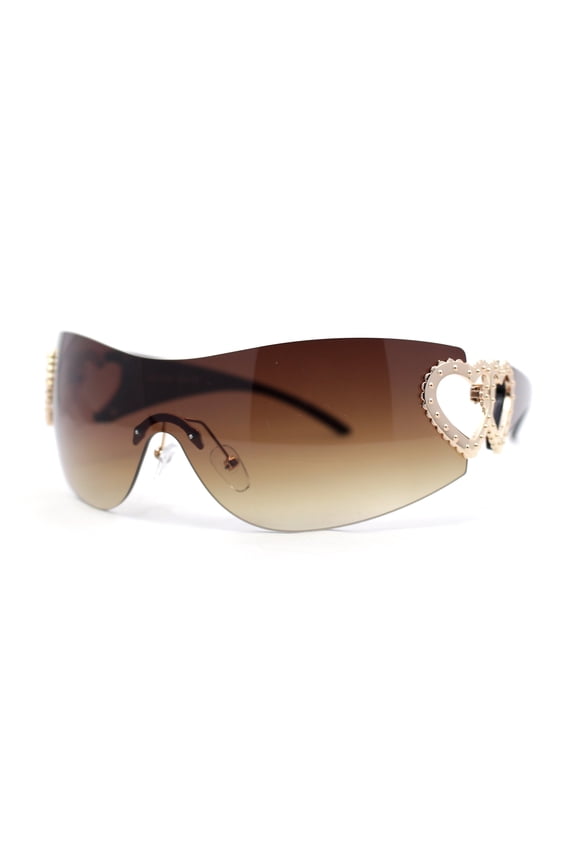 Womens Heart Jewel Wrap Around Curved Shield Monoblock Rimless Sunglasses All Brown