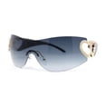 thumbnail image 1 of Womens Heart Jewel Wrap Around Curved Shield Monoblock Rimless Sunglasses Black - Smoke, 1 of 4
