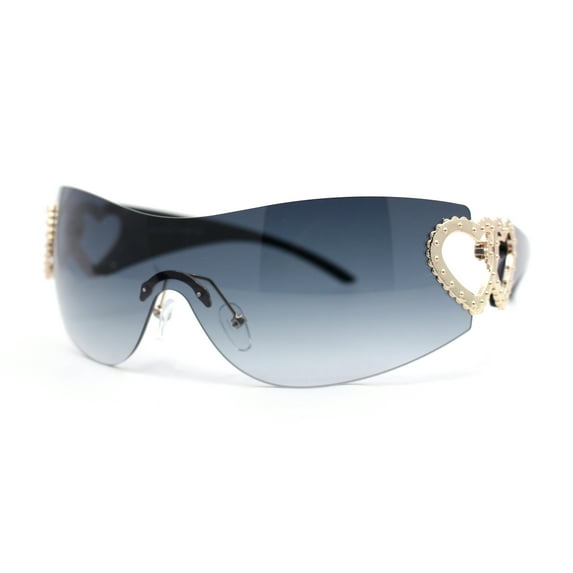 Womens Heart Jewel Wrap Around Curved Shield Monoblock Rimless Sunglasses Black - Smoke