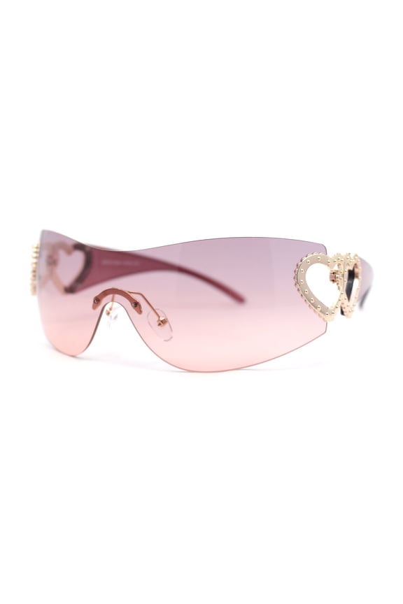 Womens Heart Jewel Wrap Around Curved Shield Monoblock Rimless Sunglasses Purple - Pink