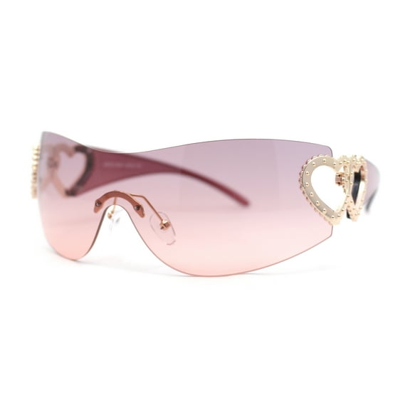 Womens Heart Jewel Wrap Around Curved Shield Monoblock Rimless Sunglasses Purple - Pink