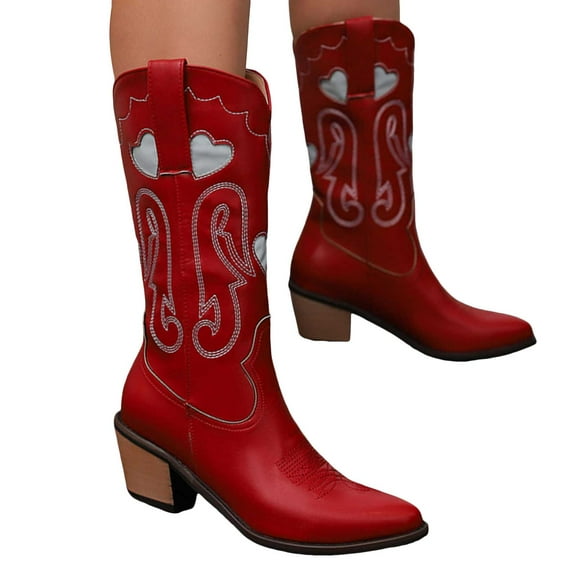Womens Heart Patch Cowboy Boots 2025 Fashion Casual Leather Wide Mid Calf Cowgirl Boots Winter Fall Pointed Toe Stacked Heel Western Tall Boots