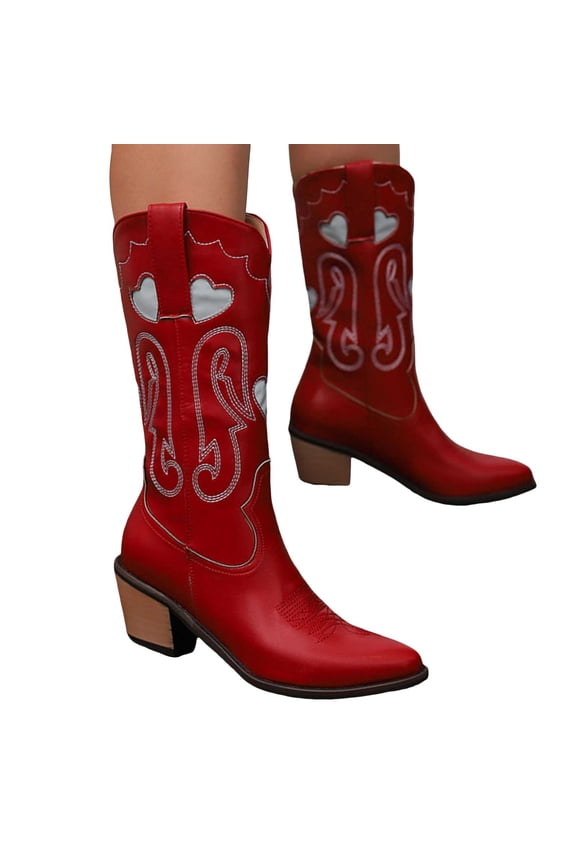 Womens Heart Patch Cowboy Boots 2025 Fashion Casual Leather Wide Mid Calf Cowgirl Boots Winter Fall Pointed Toe Stacked Heel Western Tall Boots