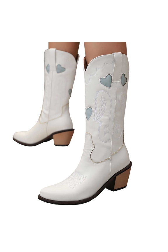 Womens Heart Patch Cowboy Boots 2025 Fashion Casual Leather Wide Mid Calf Cowgirl Boots Winter Fall Pointed Toe Stacked Heel Western Tall Boots