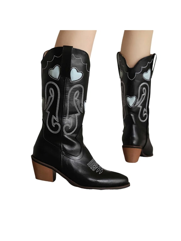 Womens Heart Patch Cowboy Boots 2025 Fashion Casual Leather Wide Mid Calf Cowgirl Boots Winter Fall Pointed Toe Stacked Heel Western Tall Boots
