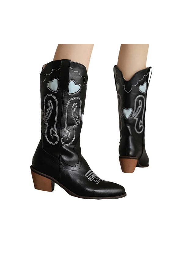 Womens Heart Patch Cowboy Boots 2025 Fashion Casual Leather Wide Mid Calf Cowgirl Boots Winter Fall Pointed Toe Stacked Heel Western Tall Boots