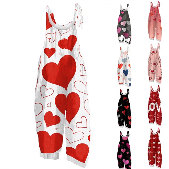 Womens Heart Print Jumpsuits Valentines Oversized Rompers Wide Leg Sleeveless Adjustable Straps with Pockets Wine L
