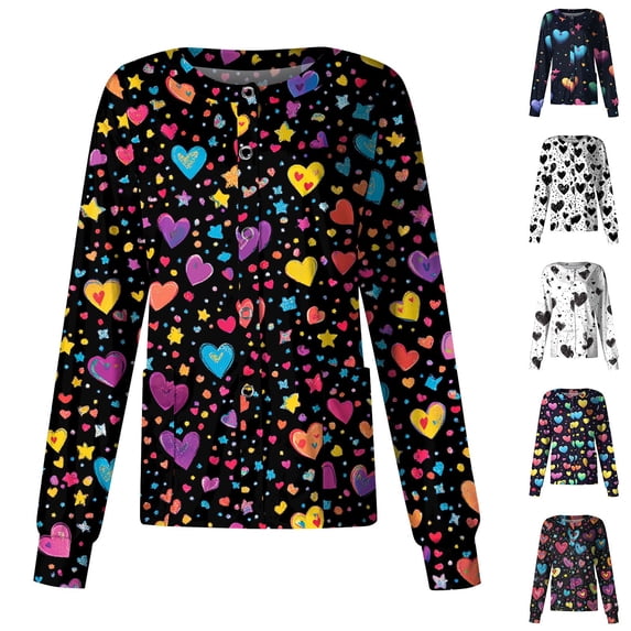 Womens Heart Print Scrub Jackets Long Sleeve Button Down Nursing Uniform Top Medical Workwear Shirt Front Patch Pockets