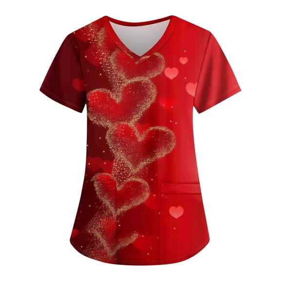 Womens Heart Printed Animals Nurse Uniforms Scrub Tops for Women, Short Sleeve V Neck Scrub Shirt with Pockets 2025 Deep Red S