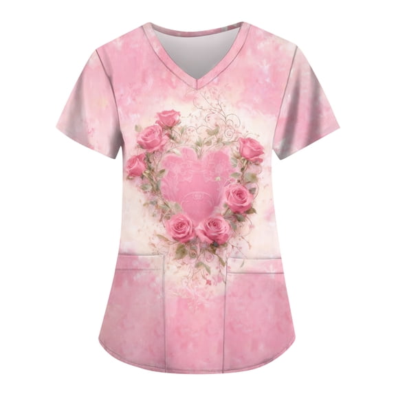 Womens Heart Printed Animals Nurse Uniforms Scrub Tops for Women, Short Sleeve V Neck Scrub Shirt with Pockets 2025 Pink S