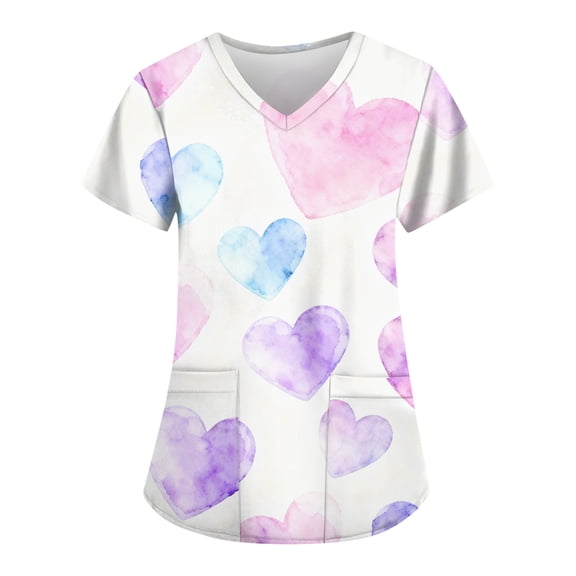 Womens Heart Printed Animals Nurse Uniforms Scrub Tops for Women, Short Sleeve V Neck Scrub Shirt with Pockets 2025 Purple Pink S