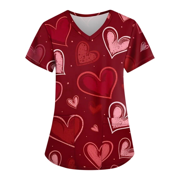 Womens Heart Printed Animals Nurse Uniforms Scrub Tops for Women, Short Sleeve V Neck Scrub Shirt with Pockets 2025 Wine 3XL