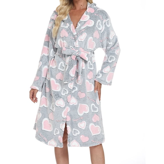 Womens Heart Printed Robe Cloth Towel Knee Length Kimono Bathrobe Fleece Warm Nightgown with Belt